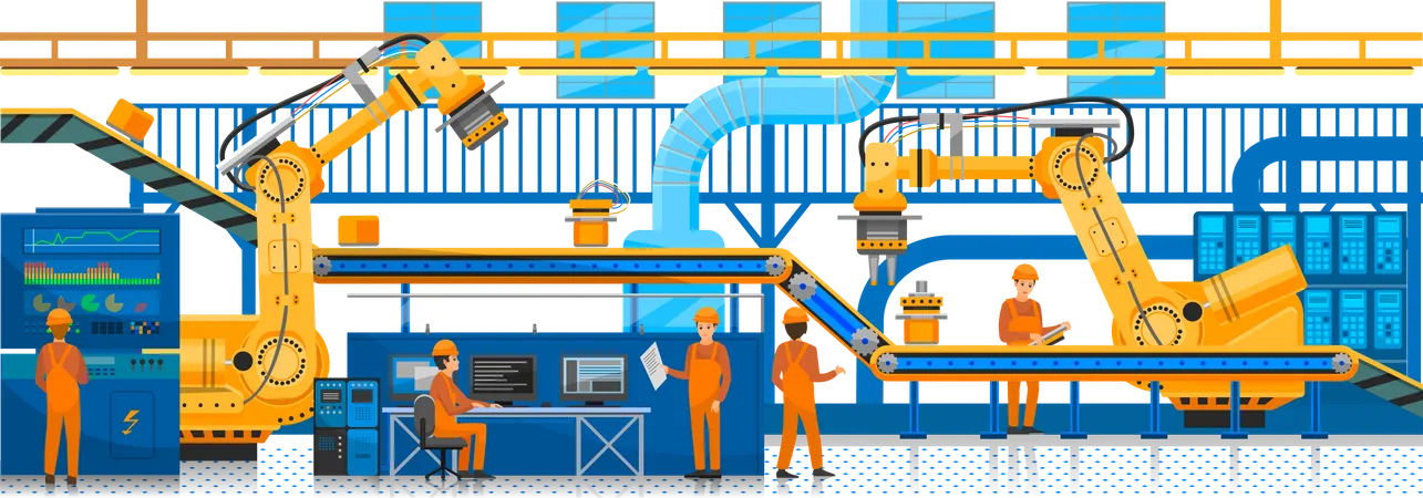 A equipe técnica trabalha com tecnologias na fábrica  Ilustração