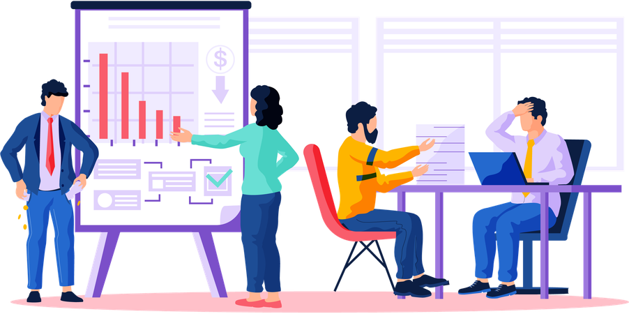 Equipe tem reunião sobre indicadores de declínio de lucro  Ilustração