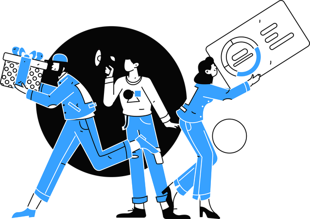 Equipe trabalhando em marketing de referência  Ilustração