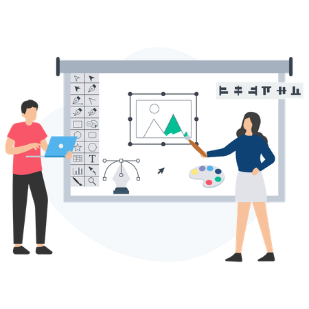 Equipe trabalhando em Software Gráfico  Ilustração