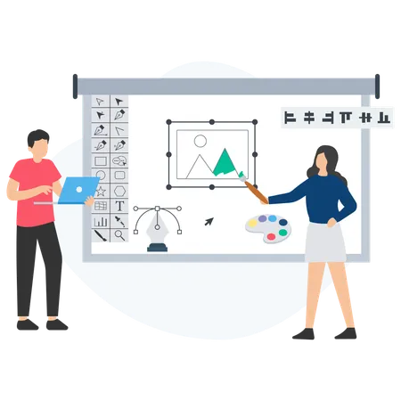 Equipe trabalhando em Software Gráfico  Ilustração