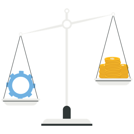 Équipement et pile de pièces de monnaie sur la balance  Illustration