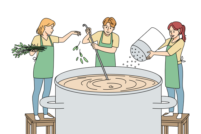 Equipo de chef cocinando en una olla enorme  Ilustración