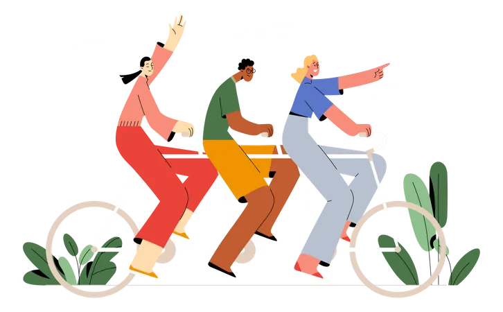 Equipo en bicicleta juntos moviéndose juntos  Ilustración