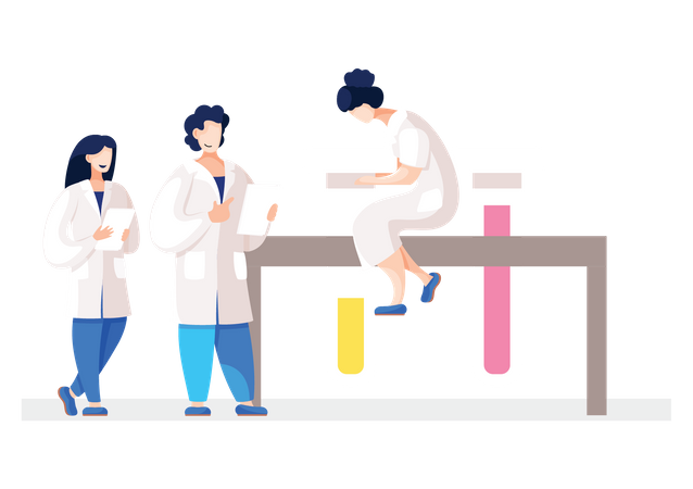 Equipo científico discutiendo en el laboratorio  Ilustración