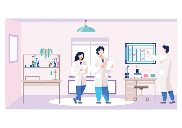 Equipo científico discutiendo sobre datos de investigación  Ilustración