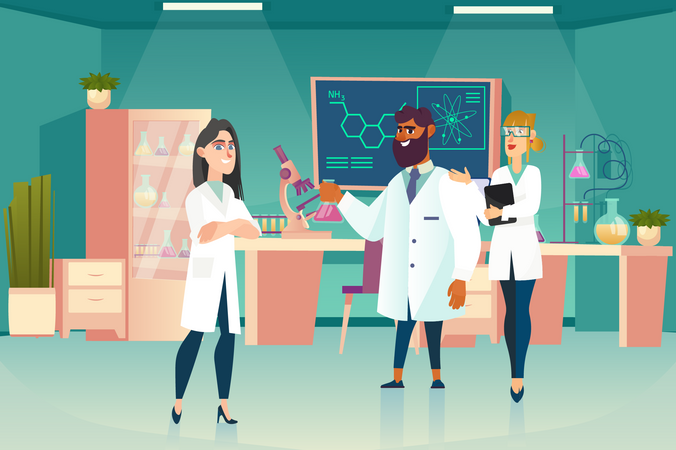 Equipo científico en laboratorio  Ilustración