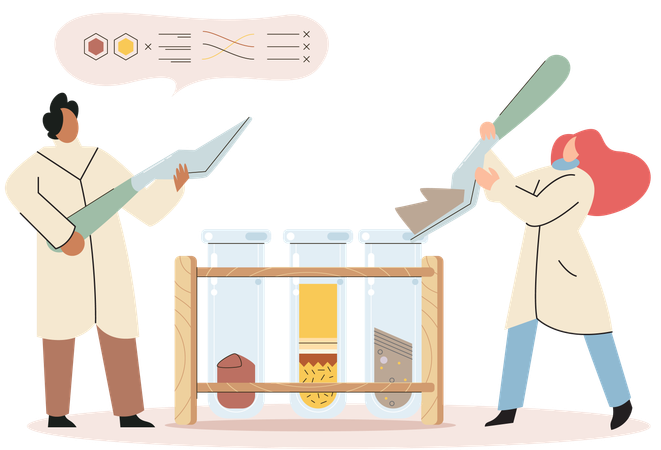 Equipo de científicos realiza experimento en el suelo  Ilustración