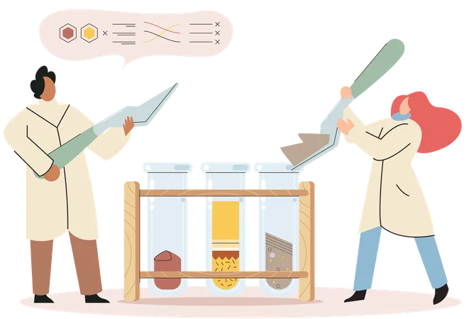 Equipo de científicos realiza experimento en el suelo  Ilustración