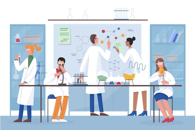 Equipo científico investigando juntos  Ilustración