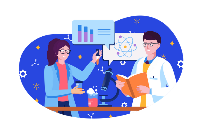 Equipo científico realizando investigaciones en el laboratorio.  Ilustración