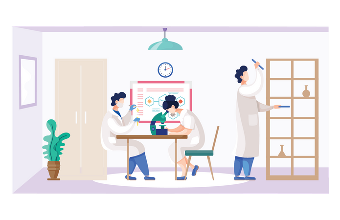 Equipo científico trabajando en el laboratorio  Ilustración