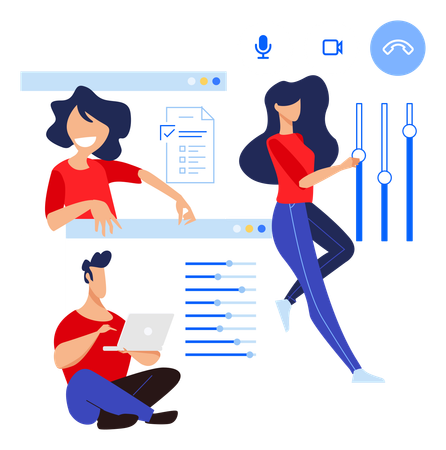 Equipo comunicándose en la aplicación de videollamadas.  Illustration