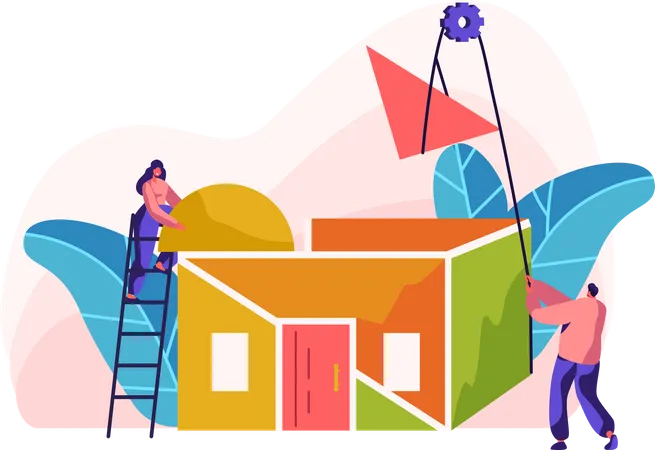 Team Builder Construccion Nueva Casa De Color Mujer En Escalera En Proceso De Instalacion De Techo En Casa Hombre Con Cabrestante De Ayuda Para Levantar El Material De La Pieza Construccion De Proyectos Escenicos Ilustracion Vectorial De Dibujos Animados Planos Ilustración