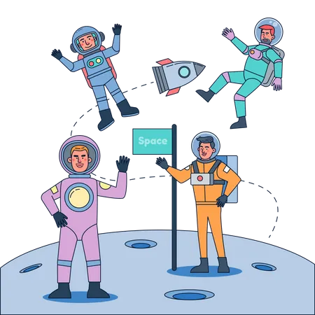 Equipo de astronautas en el espacio.  Ilustración