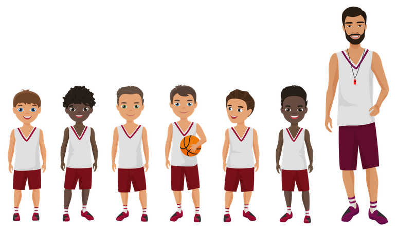 Equipo de baloncesto con entrenador  Ilustración