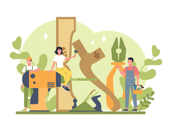Equipo de carpintero con equipo.  Ilustración