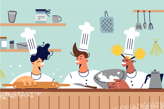 Equipo de chef preparando comida.  Ilustración