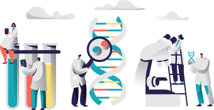 Equipo de científicos profesionales que examinan células de ADN  Ilustración