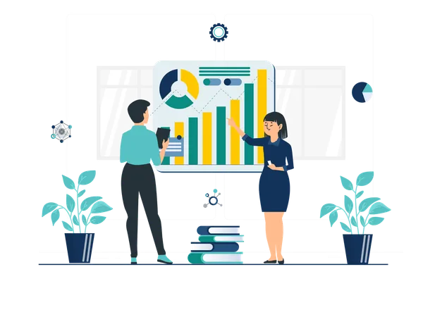 Equipo de científicos de datos trabajando en análisis  Ilustración