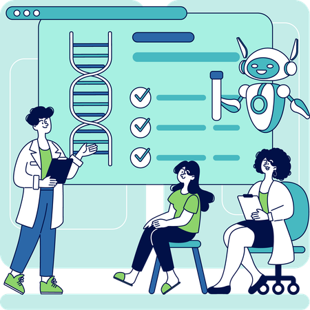 Equipo de científicos discutiendo un informe sobre pruebas genéticas  Ilustración