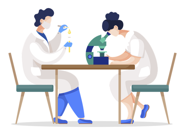 Equipo de científicos en el laboratorio realizando un experimento científico.  Ilustración