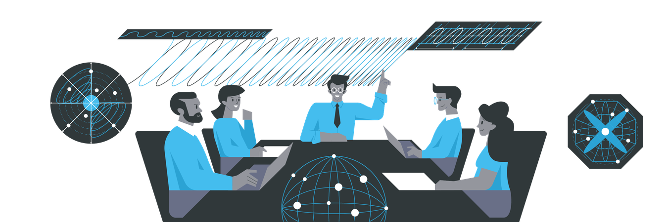Equipo de científicos trabajando en innovación tecnológica  Ilustración