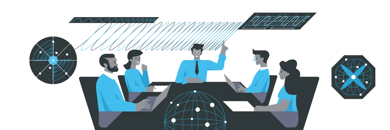 Equipo de científicos trabajando en innovación tecnológica  Ilustración