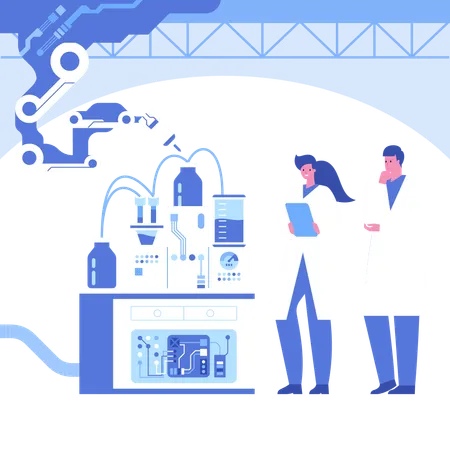 Equipo de científicos trabajando en un laboratorio científico automatizado de química  Ilustración