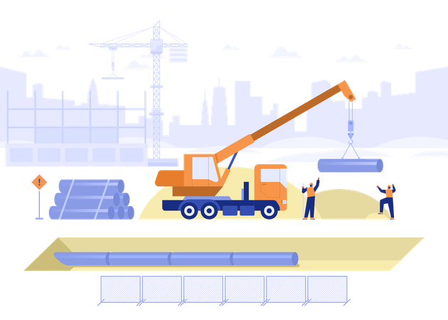 Equipo de constructores colocando tuberías en el suelo  Illustration