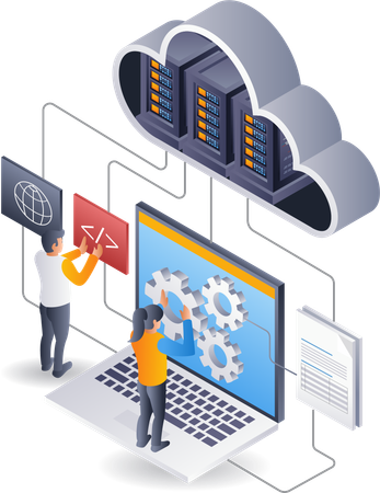 Equipo de desarrolladores de tecnología de alojamiento de servidores en la nube  Ilustración