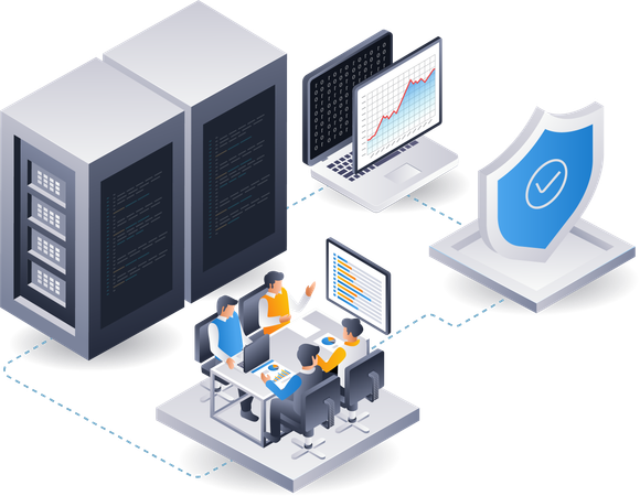 Equipo de desarrolladores analizando datos de seguridad del servidor en la nube  Illustration