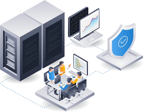 Equipo de desarrolladores analizando datos de seguridad del servidor en la nube  Illustration