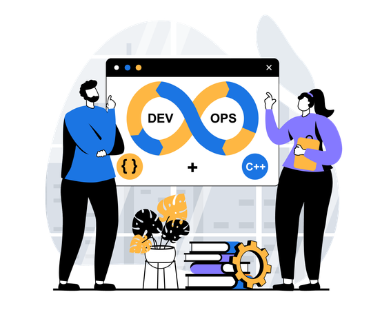 Equipo de desarrolladores trabajando en DevOps  Ilustración