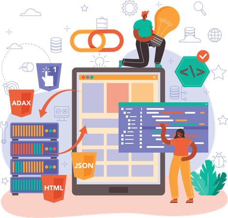 Equipo de desarrollo de software que conecta el enlace con la base de datos  Illustration