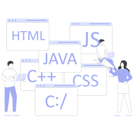 Equipo de desarrollo web trabajando en codificación.  Ilustración