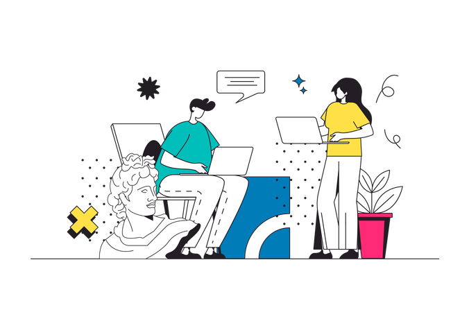 Equipo de diseñadores creando contenido digital de tendencia  Ilustración