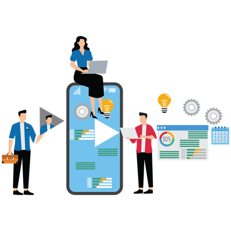 Equipo de diseño trabajando en el desarrollo de aplicaciones móviles  Ilustración