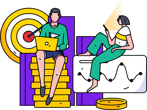 Equipo de empleados trabajando en investigación de mercados.  Ilustración