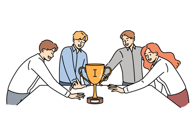 Un equipo de empresarios lucha por la copa de oro y se paran alrededor de la mesa y extienden la mano hacia el trofeo  Ilustración