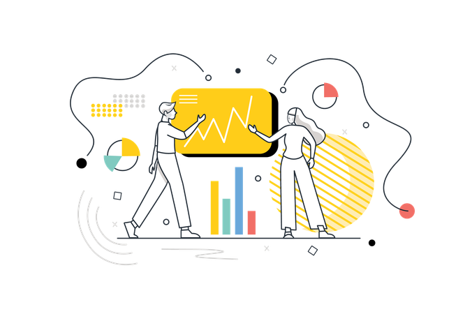 Equipo de especialistas trabaja con datos en forma de tablas y gráficos.  Ilustración