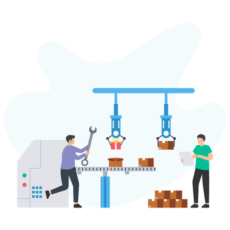 Equipo de ingenieros comprobando el embalaje automático  Ilustración