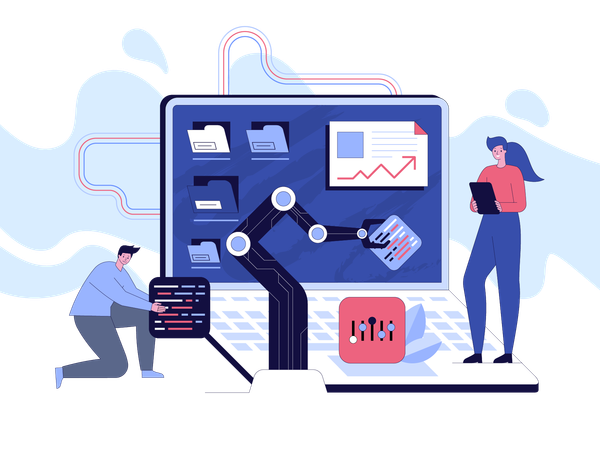 Equipo de ingenieros trabajando en el desarrollo de software.  Ilustración