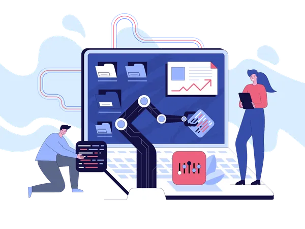 Equipo de ingenieros trabajando en el desarrollo de software.  Ilustración