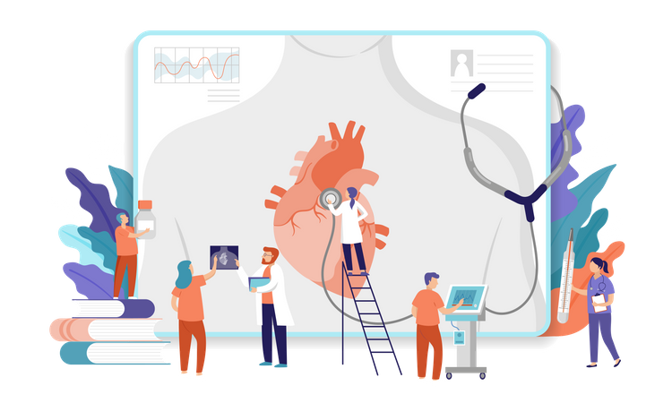 Equipo de investigación médica investigando el corazón.  Ilustración