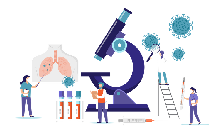 Equipo de investigación médica investigando la infección por el virus Corona  Ilustración