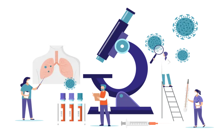 Equipo de investigación médica investigando la infección por el virus Corona  Ilustración