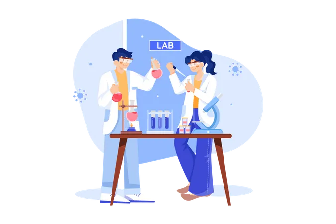 Equipo de investigación médica trabajando en laboratorio.  Ilustración