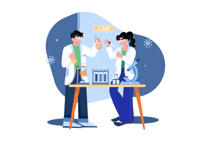 Equipo de investigación médica trabajando en laboratorio.  Ilustración