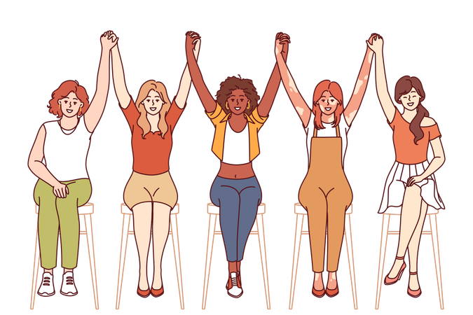 Equipo de mujeres diversas levantan la mano en señal de unidad  Ilustración
